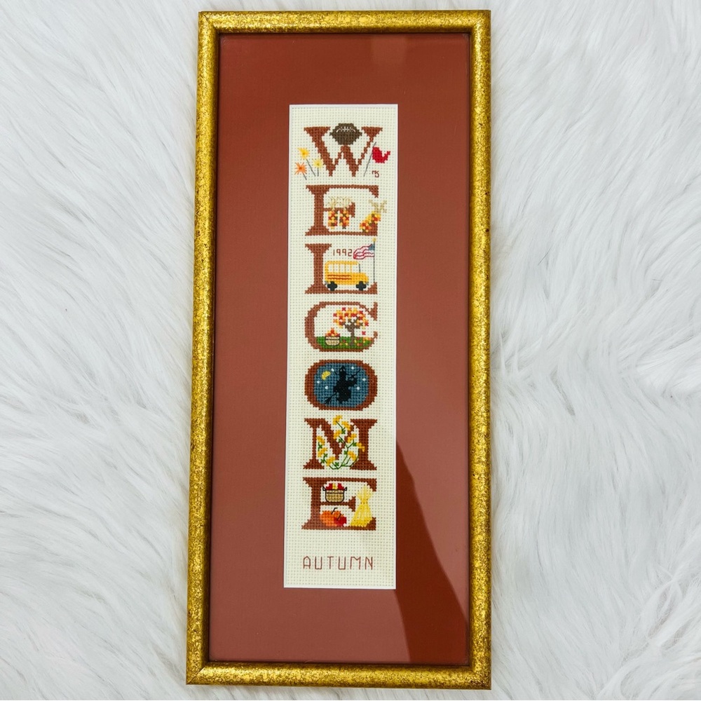 Vintage Framed Handmade Welcome Autumn Framed Needlepoint Autumn Themed